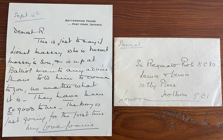 Item #8209 Letter of Joan Peveril Ward Poole (signed Joanie) to her father regarding Lionel Massey. Joan Peveril Ward  POOLE, b1898.