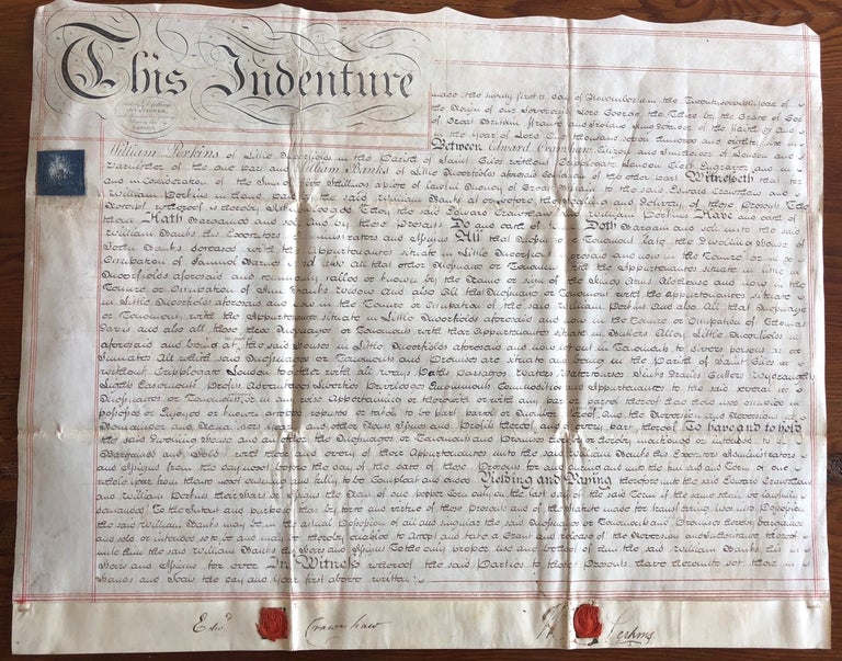 Item #8223 1786 Indenture parchment agreement with William Perkins and Edward Crawshaw. William PERKINS, Edward CRAWSHAW.
