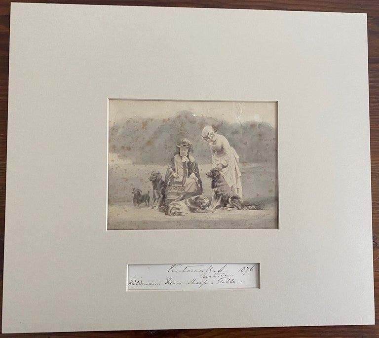 Item #8284 Albumen photo circa 1880's of Queen Victoria with Princess Beatrice and a Group of 4 Dogs plus a copy of a note originally written by Queen Victoria 1876. Queen Victoria, later Princess Henry of Battenberg Princess Beatrice.