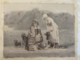 Albumen photo circa 1880's of Queen Victoria with Princess Beatrice and a Group of 4 Dogs plus a copy of a note originally written by Queen Victoria 1876