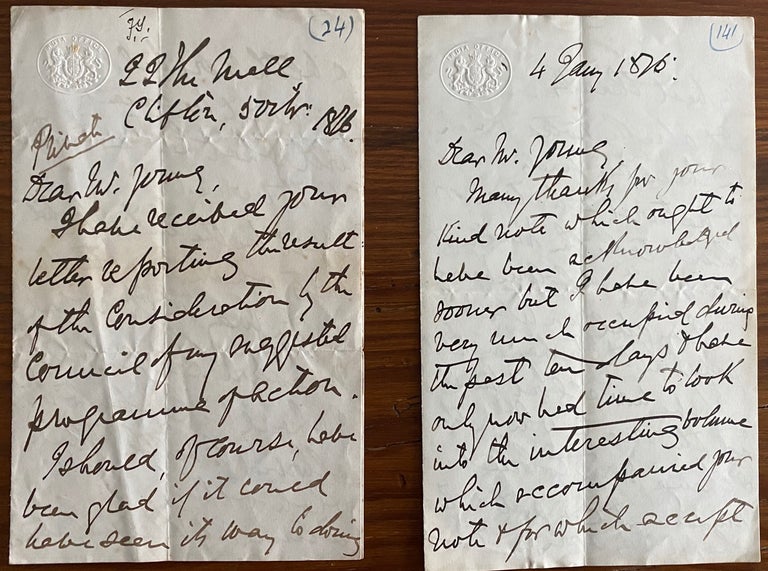 Item #8338 Two 3pp. holograph letters from John Forbes Watson to Frederick Young. John Forbes WATSON, Sir Frederick YOUNG, provenance.