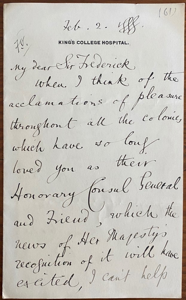 Item #8341 Holograph letter from Mosse MacDonald to Sir Frederick Young. Thomas Mosse  MACDONALD, Sir Frederick YOUNG, 1856-c1920, provenance.
