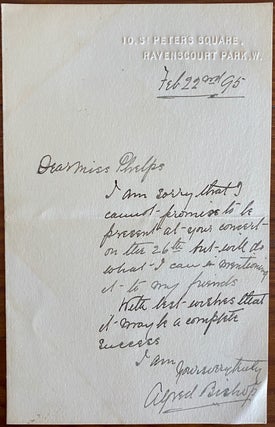 Item #8354 Holograph letter from Alfred Bishop to Miss Phelps. Alfred BISHOP