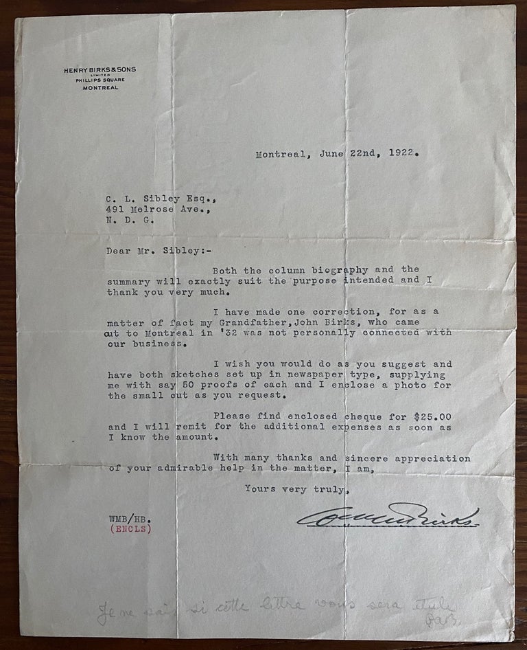 Item #8502 William M. Birks typed letter signed. William M. BIRKS.