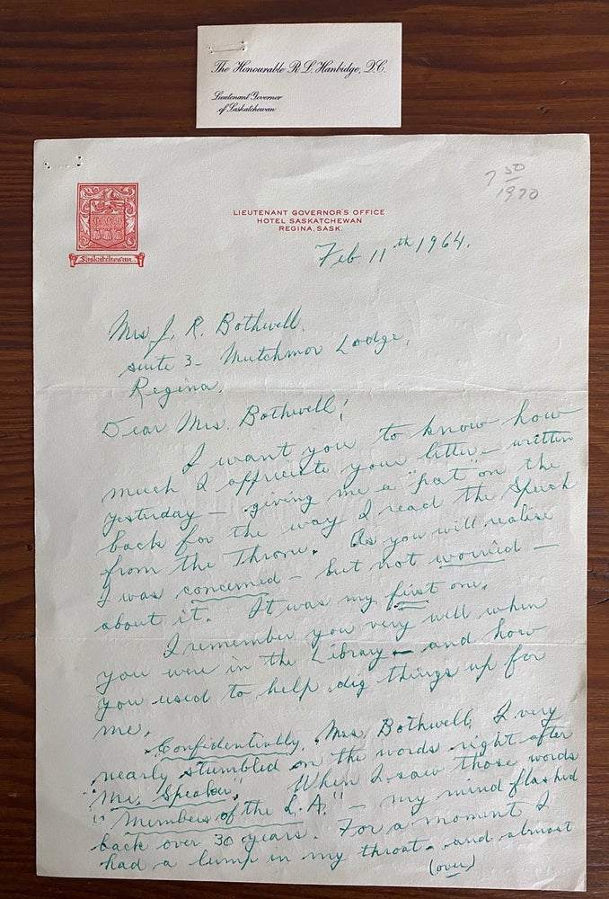 Item #8583 The Honorable R.L. Hanbridge autographed signed letter. Robert Leith HANBRIDGE, Dinny.