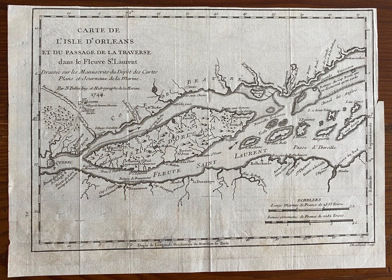 Item #8617 Carte de L'Isle D'Orleans et du passage de la traverse dans le Fleuve St. Laurent. Jacques Nicolas BELLIN, Guillaume DHEULLAND, cartographer, engraved by.