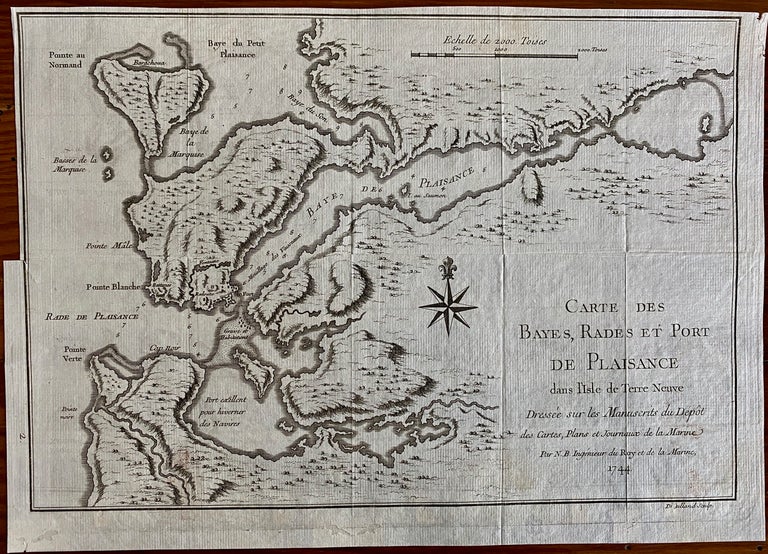 Item #8620 Carte des Bayes, Rades et Port de Plaisance dans l'Ile de Terre Neuve. Jacques Nicolas BELLIN, Guillaume DHEULLAND, cartographer, engraved by.