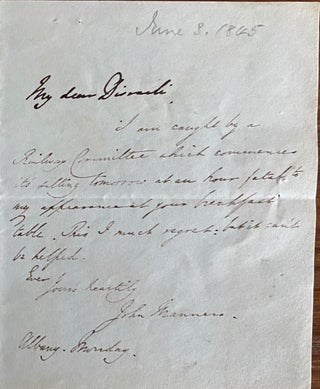 Item #8670 Autograph Letter Signed 6th Duke of Rutland sent to Benjamin Disraeli. Charles Cecil...