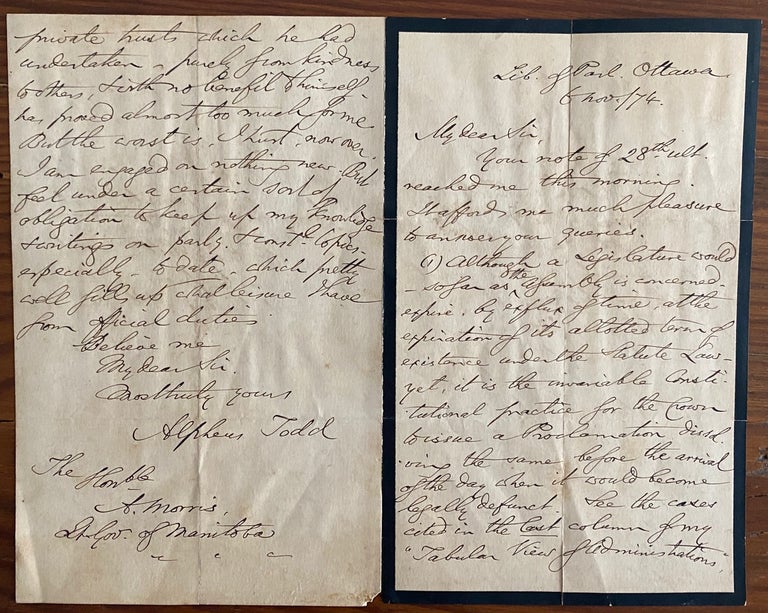 Item #8722 Holograph letter from Alpheus Todd to Alexander Morris. Alpheus TODD, Alexander MORRIS.