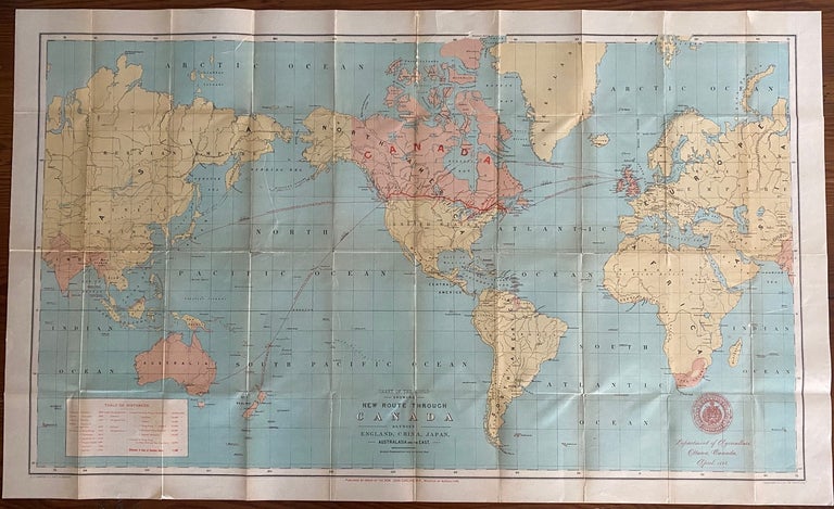 Item #8727 Chart of the World showing New Route through Canada between England, China, Japan, Australasia and the East. J.  JOHNSON, George JOHNSON, John.