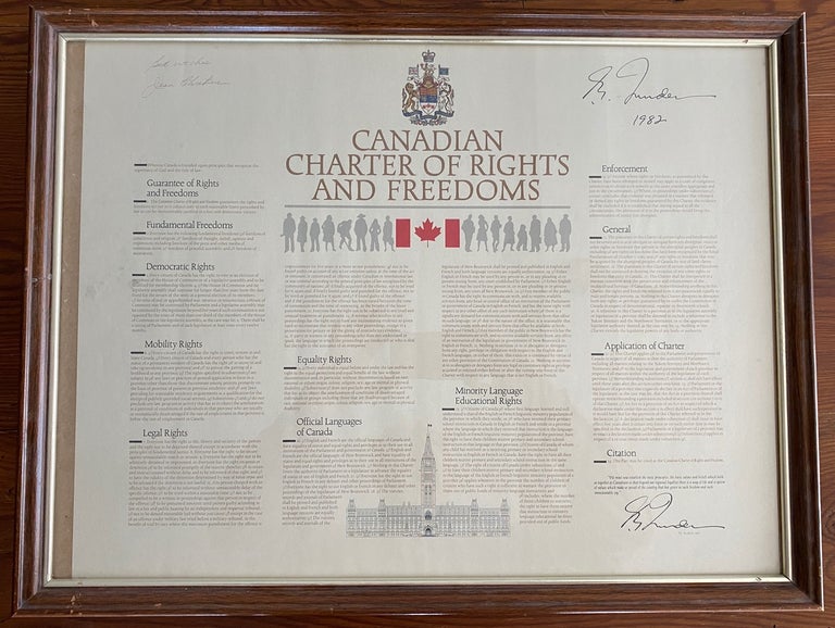 Item #8729 Canadian Charter of Rights and Freedoms signed and dated 1982 by then Prime Minister P.E. (Pierre Elliot) Trudeau and also signed by Jean Chrétien. Pierre Elliot TRUDEAU, Jean  CHRETIEN, Canadian Government, b1934.