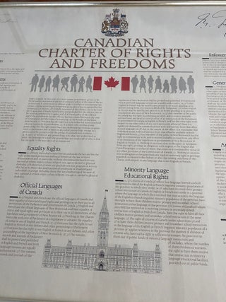 Canadian Charter of Rights and Freedoms signed and dated 1982 by then Prime Minister P.E. (Pierre Elliot) Trudeau and also signed by Jean Chrétien