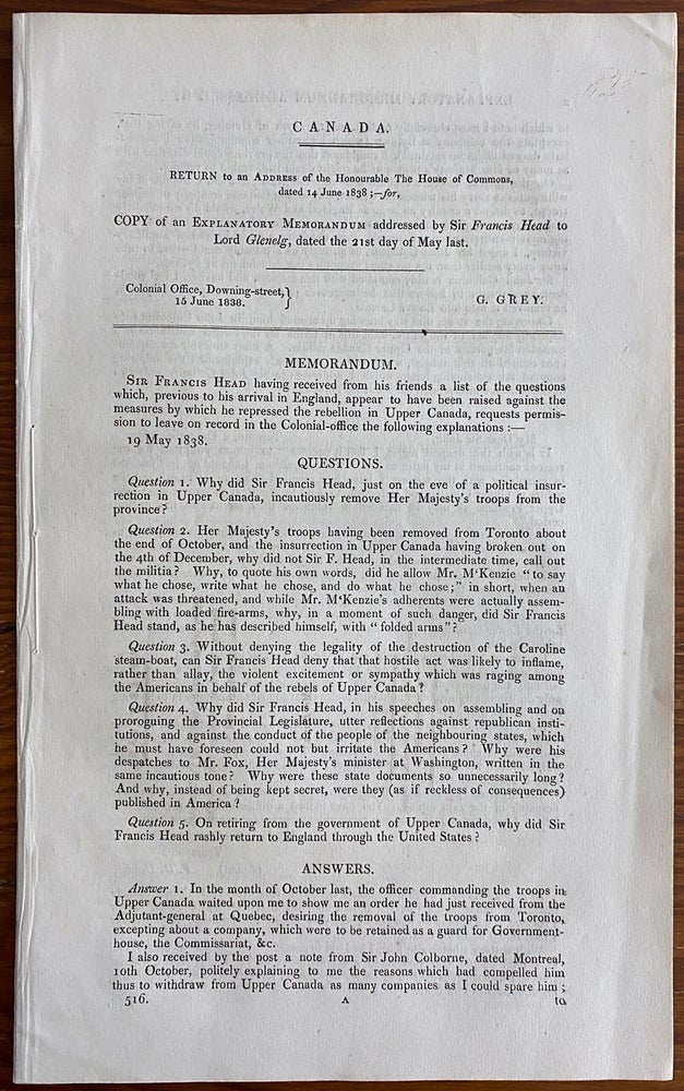 Item #8775 Canada. Return to an Address of the Honourable The House of Commons, dated 14 June 1838. Great Britain. Colonial Office, Sir Francis Bond HEAD, Charles Grant GLENELG, Baron.