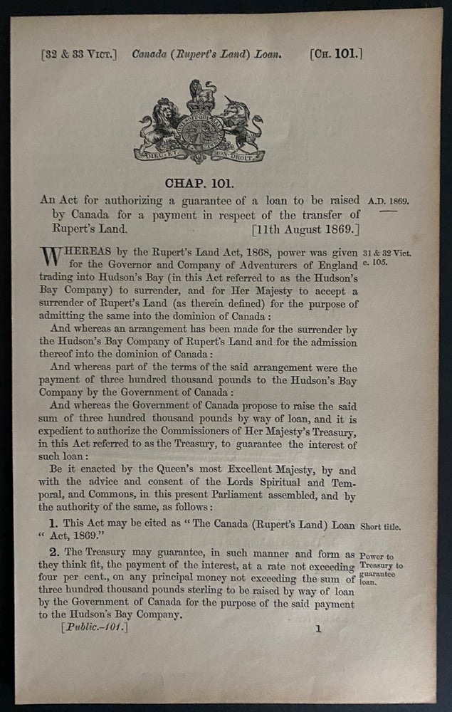 Item #8833 An Act for authorizing a guarantee of a loan to be raised by Canada for a payment in respect of the transfer of Rupert's Land [11th August 1869]. British Government - Act of Parliament.