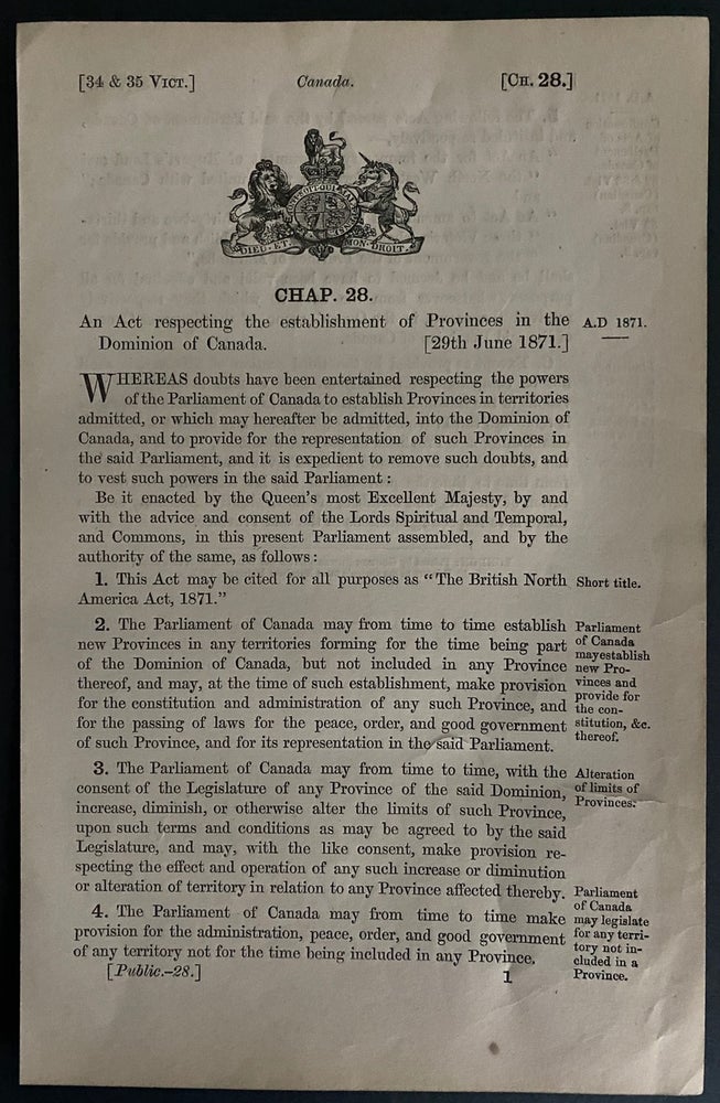 Item #8834 An Act respecting the establishment of Provinces in the Dominion of Canada [29th June 1871]. British Government - Act of Parliament.