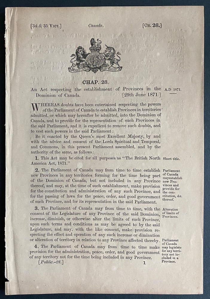 Item #8837 An Act respecting the establishment of Provinces in the Dominion of Canada [29th June 1871]. British Government - Act of Parliament.