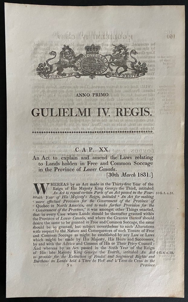 Item #8855 An Act to explain and amend the Laws relating to Lands holden in Free and common Soccage in the Province of Lower Canada. British Government - Act of Parliament.
