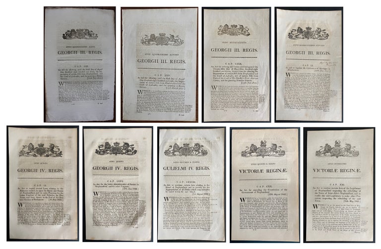 Item #8958 Newfoundland 9 Legal British Acts grouping from 1806 to 1849. British Government - Act of Parliament.