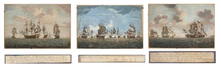 Item #8959 Three circa 1760-65 hand-coloured Naval battles hand-coloured engravings. Sir HERVEY SMYTH, Francis SWAINE, , Smith, artist, c.