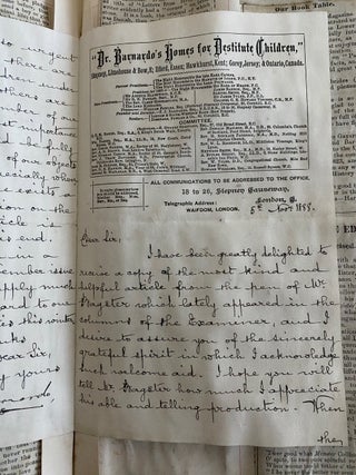 A 2pp. signed holograph letter from T.J. (Thomas John) Barnardo on his letterhead to W.L. Cotton, PEI affixed in a "cuttings" book with two Barnado related newspaper clippings.